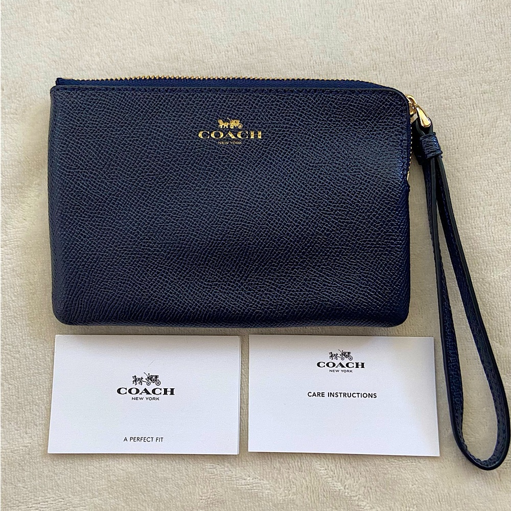 Coach Dark Blue Leather Side Zip Wristlet